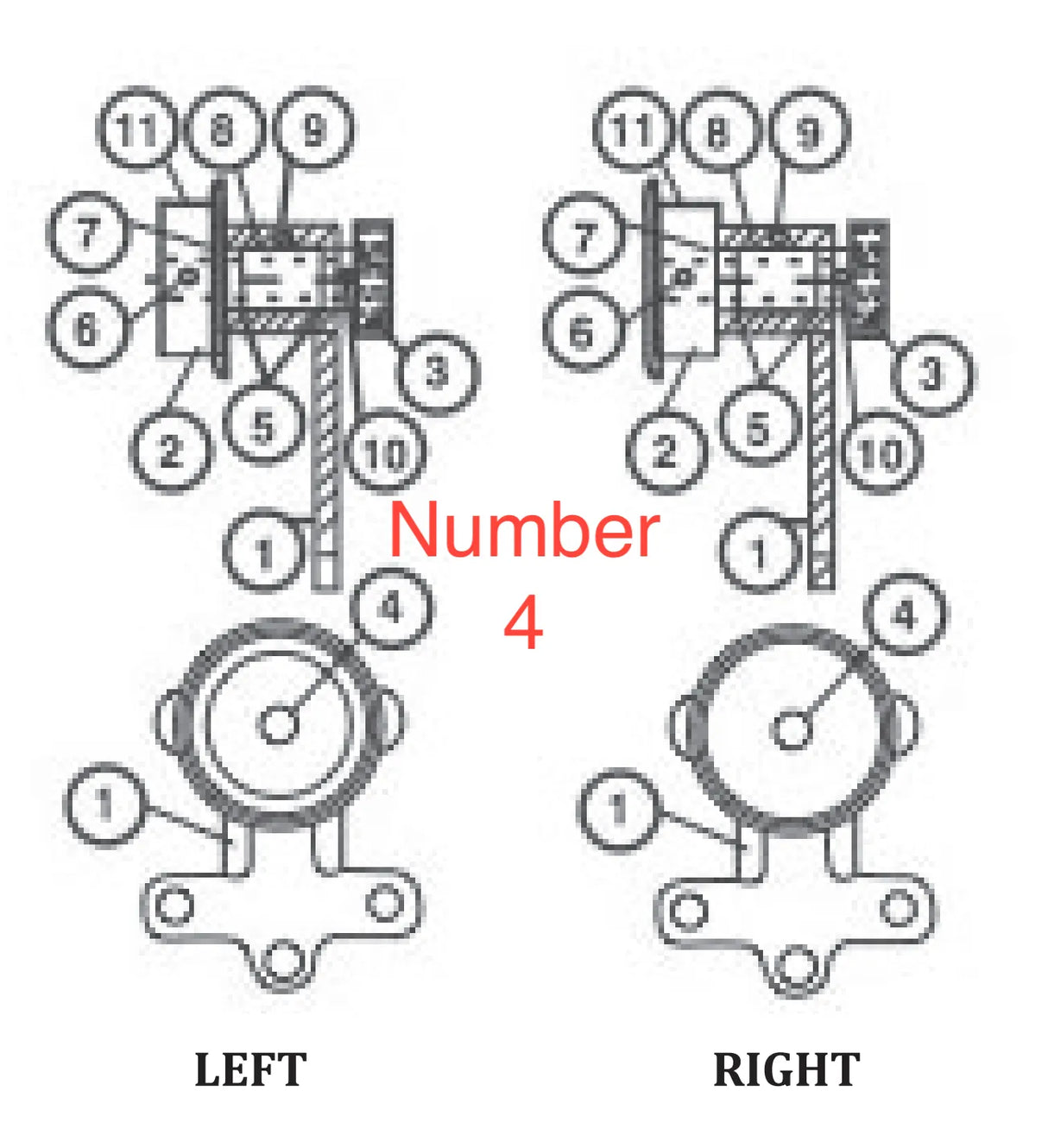 Diagram comparing two mechanical assemblies labeled LEFT and RIGHT, with numbered parts and the text Number 4 in red centered over the image. The assemblies feature circular and rectangular components common in industrial mechanical systems.
