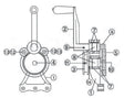 Technical diagram showing a rotary handwheel mechanism used in pipe handling systems, with numbered parts like a handle, gears, and a heavy-duty bracket. Includes cross-sectional and front views for clarity.