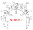 Technical drawing of a mechanical grabber or claw with numbered parts labeled 1 to 15. Large red text in the center reads Number 2. The assembly features bolts, arms, circular components, and resembles a Mathey Dearman Cap Ring for pipe sealing.