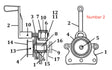 Technical diagram of a mechanical component assembly for pipe handling, with labeled parts such as gears, levers, bolts, and shafts; the number 2 is highlighted in red on the right side. Ideal for welding setups using Mathey Dearman Crank Handle Assembly.