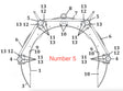 WeldingMart diagram: Mathey Dearman Double Bearing Bracket Assembly 03.0108.013, 3-arm claw, bolts 3–13, Number 5 marked.