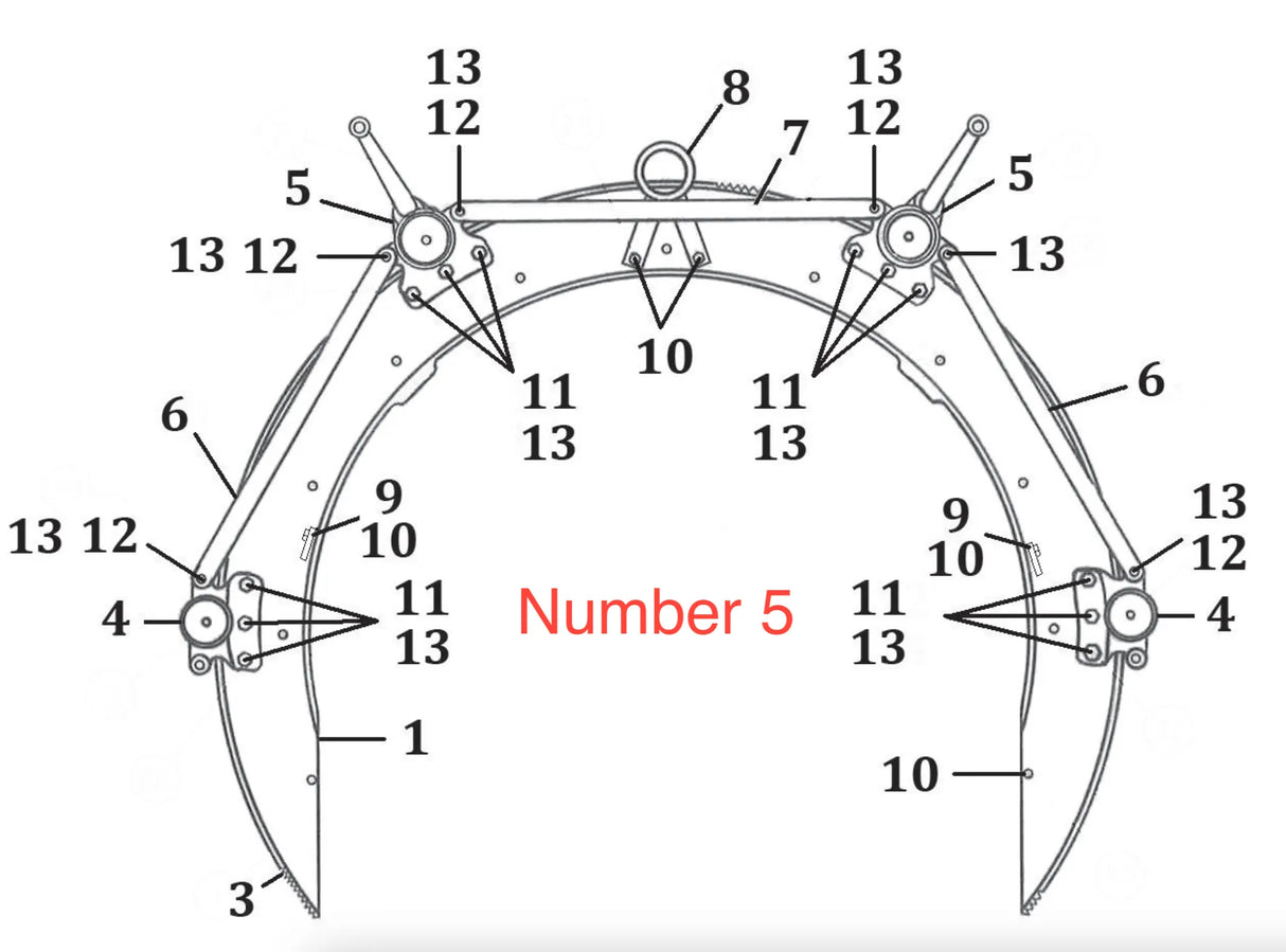 WeldingMart diagram: Mathey Dearman Double Bearing Bracket Assembly 03.0108.013, 3-arm claw, bolts 3–13, Number 5 marked.