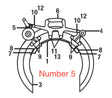 Diagram of a mechanical claw with numbered parts; “Number 5” is written in red over the left gripping arm. The components, commonly used in industrial systems like Mathey Dearman’s double bearing bracket assembly, are labeled 1 to 13.