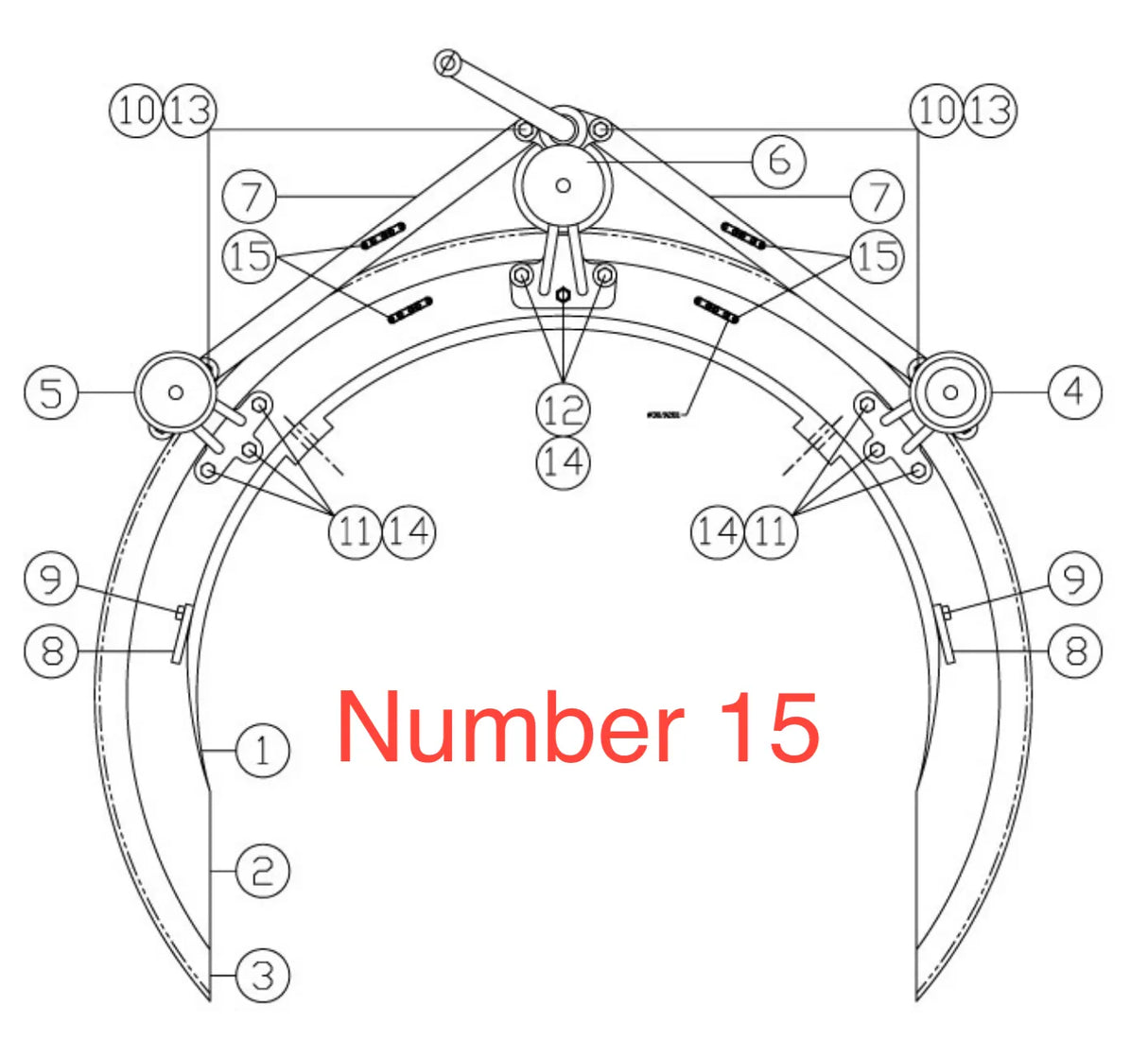Technical drawing of a mechanical claw or grabber with labeled parts, featuring the Mathey Dearman Drive Chain. The text Number 15 in large red font is centered over the lower part of the image.
