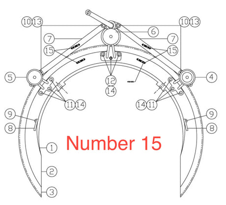 Technical drawing of a mechanical claw or grabber with labeled parts, featuring the Mathey Dearman Drive Chain. The text Number 15 in large red font is centered over the lower part of the image.