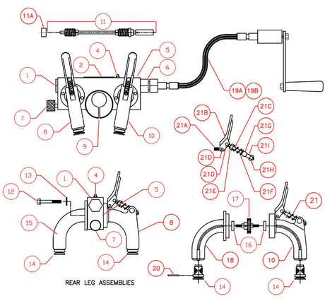 Technical diagram of rear leg assemblies, featuring labeled parts such as handles, cables, levers, bolts, and connectors—ideal for 4DB equipment and Mathey Dearman drive wheel assembly—displayed with numbered components from multiple angles.