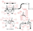 Technical diagram of rear flanged leg assemblies for a pipe cutting machine component, showing labeled parts including levers, bolts, cables, springs, and connectors, with exploded view and part numbers for assembly reference.