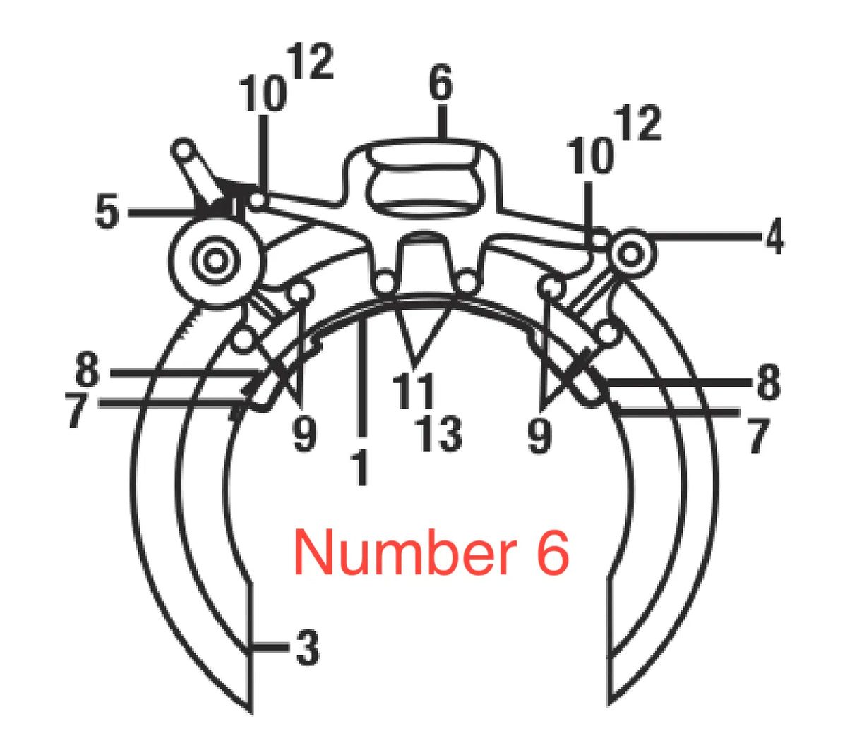 Technical diagram of a mechanical claw or grabber for pipe handling, with labeled parts 1–13. The number 6 is boldly highlighted in red text below the center, referencing the Mathey Dearman Handle and Tie Rod used in welding applications.
