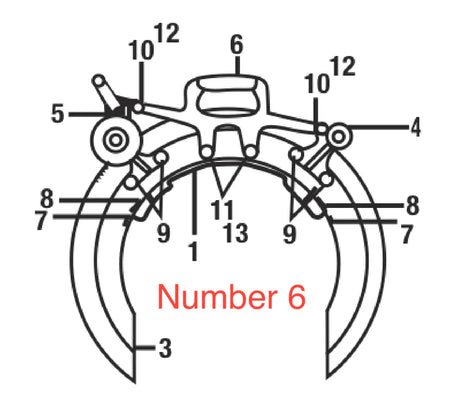 Technical diagram of a mechanical claw or grabber for pipe handling, with labeled parts 1–13. The number 6 is boldly highlighted in red text below the center, referencing the Mathey Dearman Handle and Tie Rod used in welding applications.