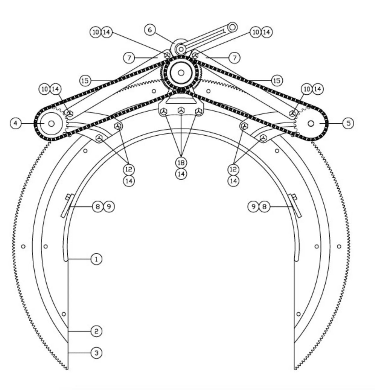 Technical diagram of a mechanical system with gears, chains, and numbered components, featuring a large semicircular frame at the bottom—similar to those found in pipe cutting beveling machines—and interconnected chain drives at the top.
