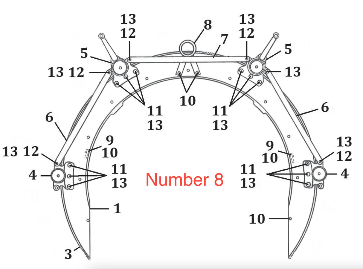 Technical diagram of a mechanical claw with numbered parts and labels, highlighting Number 8 in red at the center. Various components, including those found in pipe cutting and beveling machines or a Mathey Dearman Lifting Eye, are marked with numbers.