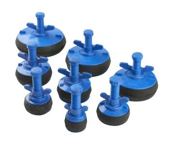 Eight blue and black Mathey Dearman Nylon Expanding Pipe Stopper 4 - NES100 plugs, each with a wingnut and threaded stem for secure pipe sealing during testing or repairs, are arranged together.