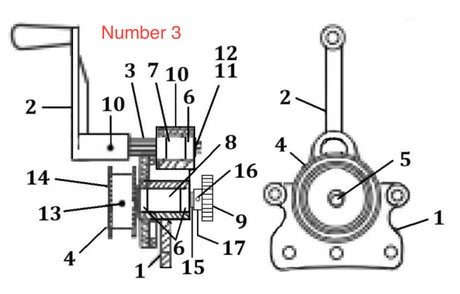 Technical diagram of a mechanical assembly for industrial power transmission with labeled parts like gears, levers, and numbered components. The label Number 3 in red is above a segment on the left side, referencing the Mathey Dearman Pinion Crank.