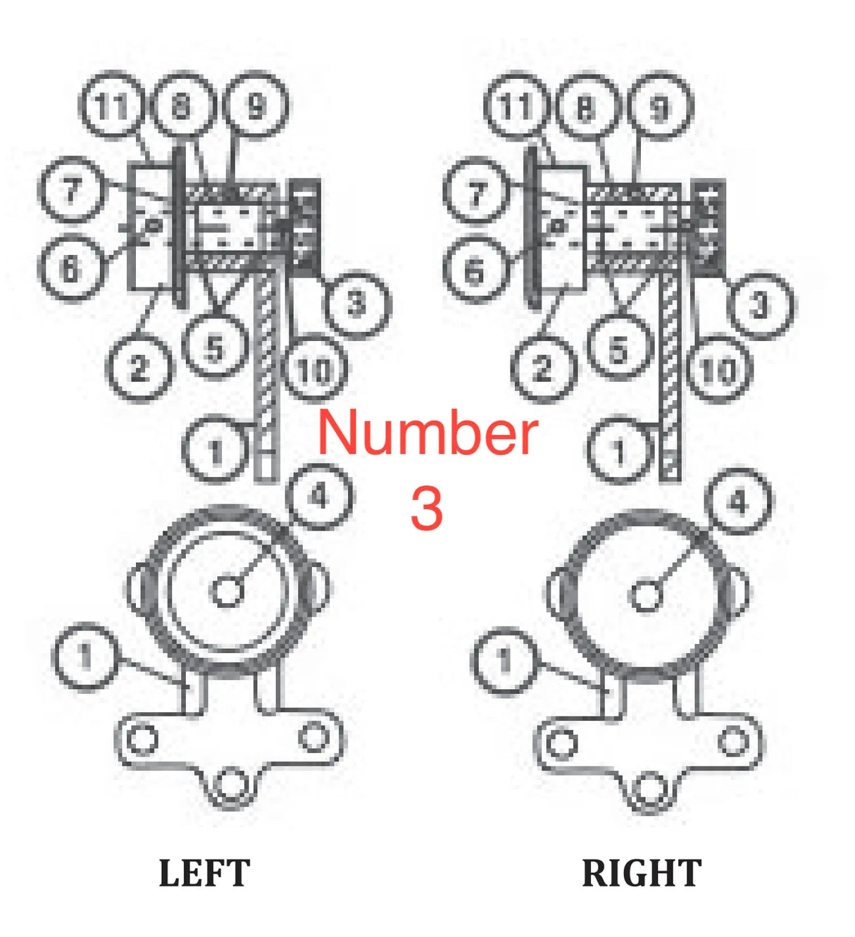 Diagram showing two labeled mechanical assemblies, left and right, with numbered components and a piston used in industrial machinery. Number 3 in red is centered between the assemblies. LEFT and RIGHT are labeled at the bottom.