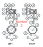 Diagram showing two labeled mechanical assemblies, left and right, with numbered components and a piston used in industrial machinery. Number 3 in red is centered between the assemblies. LEFT and RIGHT are labeled at the bottom.
