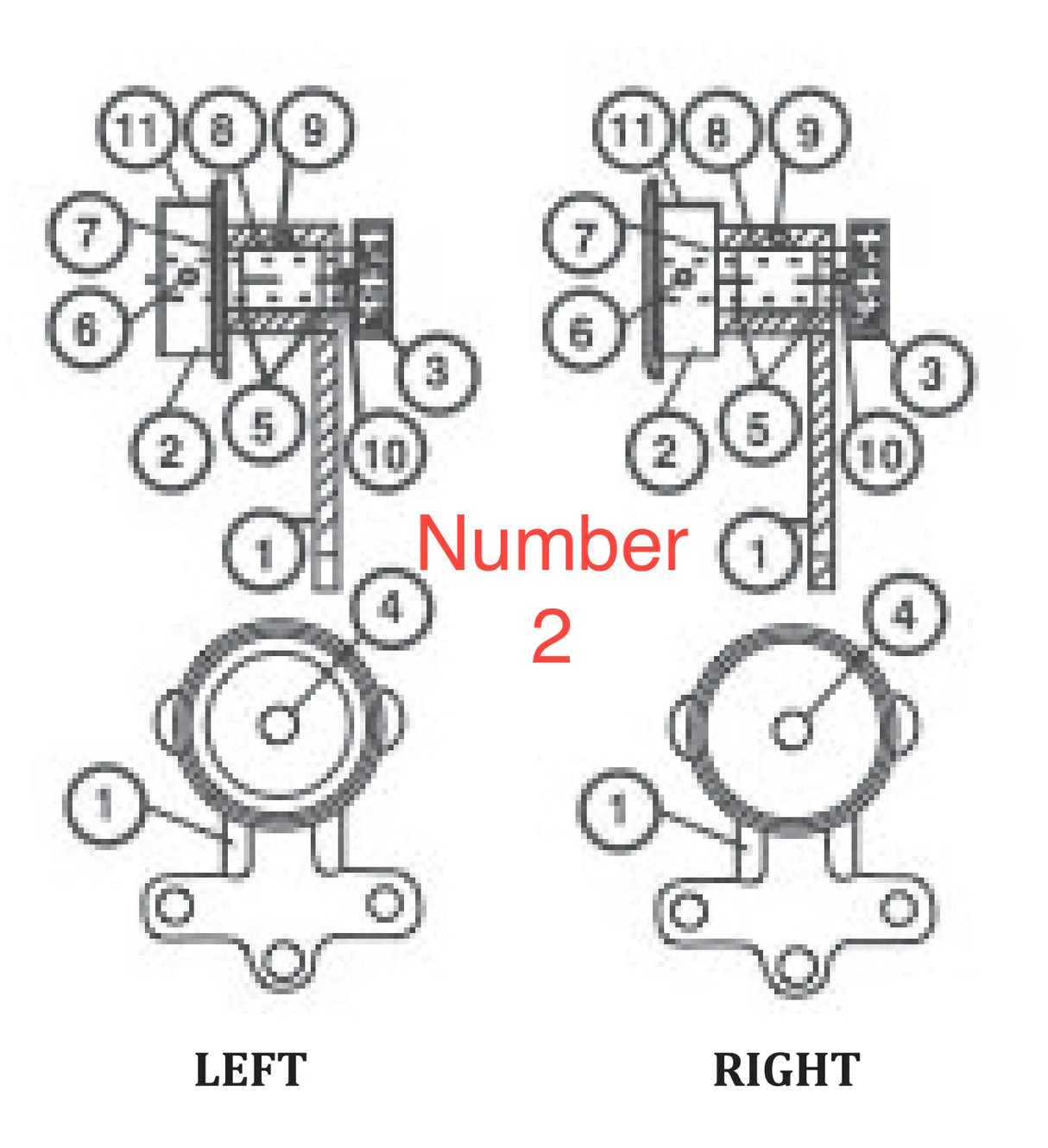Diagram of two engine pistons labeled LEFT and RIGHT, displaying power transmission components. Pistons and connecting rods are side by side, with Number 2 in red text centered on the image.