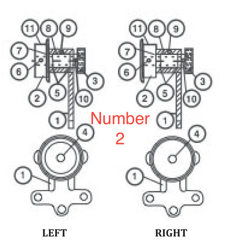 Diagram of two engine pistons labeled LEFT and RIGHT, displaying power transmission components. Pistons and connecting rods are side by side, with Number 2 in red text centered on the image.