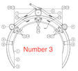 Technical drawing of a mechanical claw or grapple, inspired by Mathey Dearman ring gear pipe cutting and beveling machines. The number 3 is prominently displayed in red. Various bolts, plates, and components are labeled with numbers and circles.