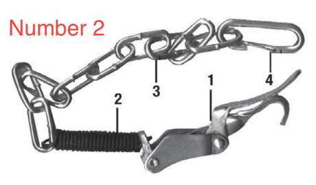 A close-up image of a metal chain tensioner mechanism featuring industrial spring components, labeled 1 to 4, with Number 2 in large red text on the left—highlighting its tension and load support function.