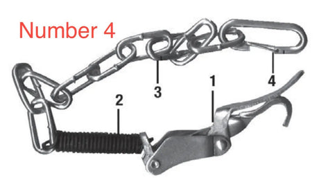 A labeled diagram of a chain tightener with parts numbered 1 to 4; part 4 is highlighted as Number 4 in large red text. The tool features metal hooks, linked chains, and an industrial spring snap for pipe handling.