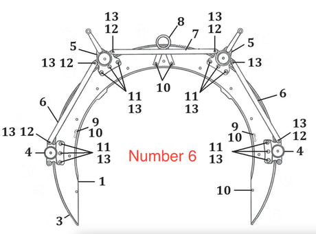 Technical drawing of a curved mechanical claw for pipe handling with numbered parts. Large red text labels part number 6 at the lower center. Multiple bolts and connector points, ideal for industrial welding setups, are marked as 12 and 13.