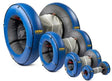 A lineup of seven Mathey Dearman PPM 46 Rapid Purge inflatable pipe purging system plugs, blue and gray with black valves and yellow PPM logos, displayed largest to smallest—perfect for fast purging in large diameter pipe welding.