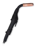 A black MIG welding torch with a curved handle and a copper nozzle at the tip, Lincoln compatible for various welding applications, set against a transparent background.