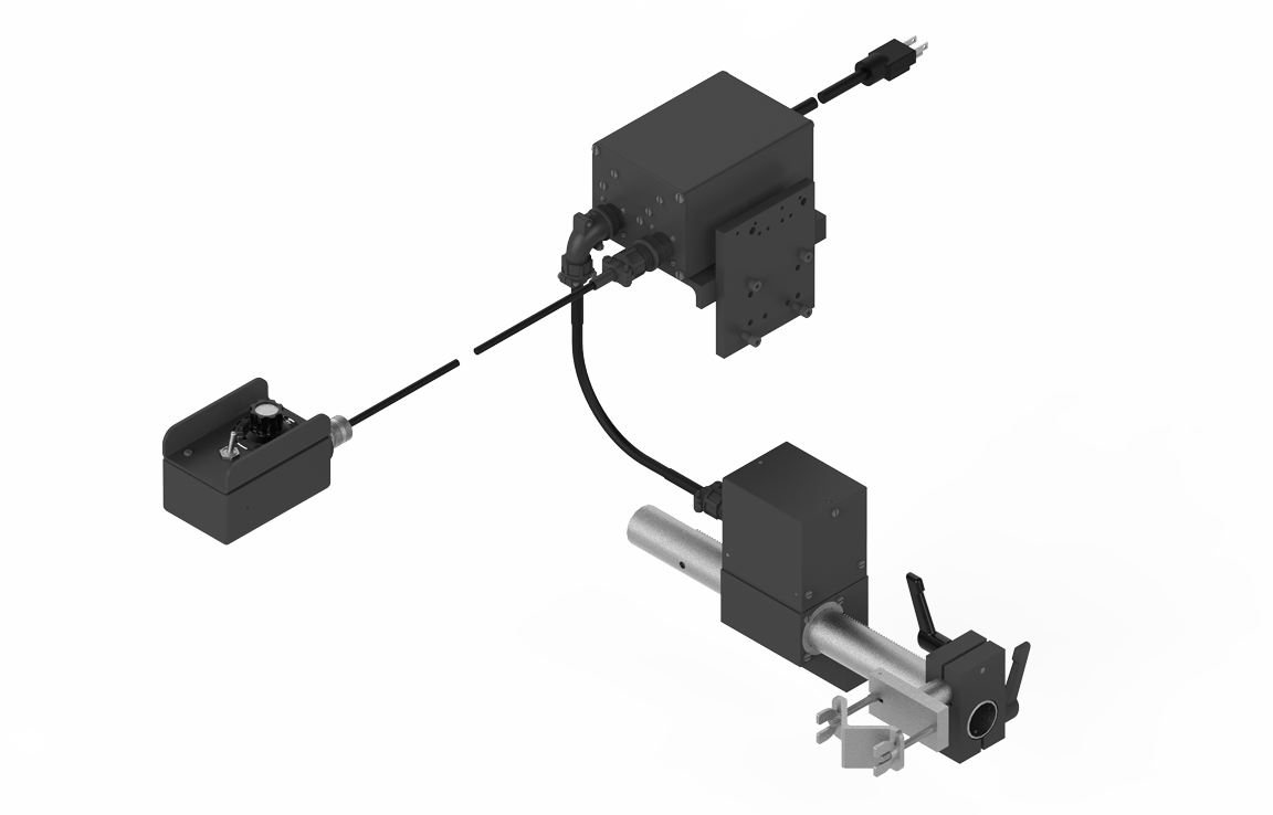 Bug-O Horizontal Power Racker 120V PRS-1010 welding accessory with cables, connectors, and metal tubing on a white background.