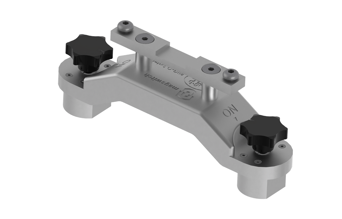 Bug-O PIPER-FLEX MAGNET FOOT PSR-2210: silver welding fixture with knobs, mounting holes, for secure welding setup and adjustment.