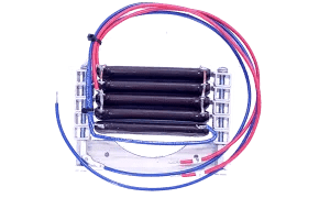 Four cylindrical black resistors are mounted horizontally on a metal frame, with red and blue wires coiled around the IWT LYNX4 Resistor Assembly - 9-IWT0004. Transparent background highlights the modular quickshot titan system.