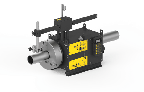 Bug-O SE-2PTD PLASMA 240V pipe cutting machine for welding, metal frame, yellow panels, digital keypad, pipe holder, WeldingMart.