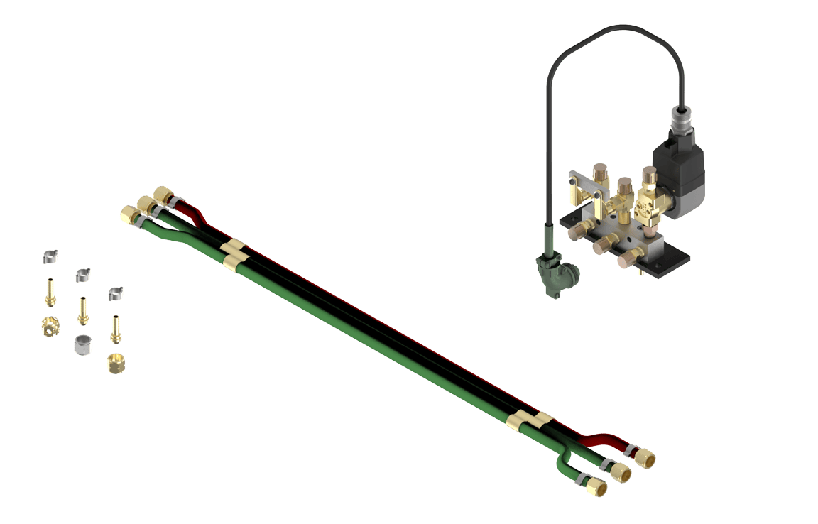 Bug-O OXYFUEL KIT 120 VAC-SEO-4480 gas manifold assembly, welding hoses, fittings, valves, and regulator for welding equipment.