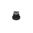 A metal gear with a toothed wheel and a cylindrical, notched cap on top, positioned upright against a plain white background, ideal as a Lincoln drive hub assembly for Power Wave 300C or other Lincoln welder parts.