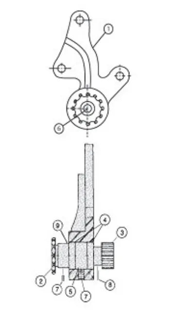 Technical drawing showing a mechanical component, such as an industrial axle, with a top view and cross-sectional side view. The diagram features numbered labels identifying parts, gears, and structural details commonly found in pipe cutting machines.