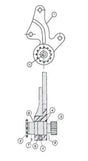 Technical drawing showing a mechanical component, such as an industrial axle, with a top view and cross-sectional side view. The diagram features numbered labels identifying parts, gears, and structural details commonly found in pipe cutting machines.