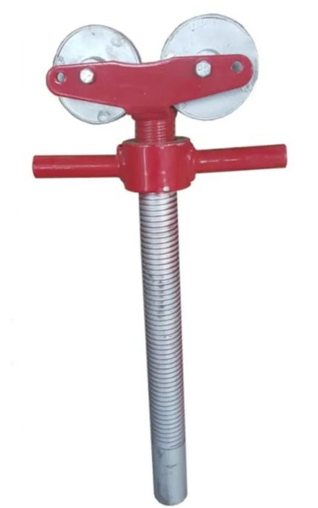 The Mathey Dearman Roller Head w/Rubber Wheels - 90003 is a red mechanical tool with a large threaded rod body, two horizontal handles, and a T-shaped head with two rubber wheels, designed for pipe alignment or bending.