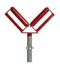 Mathey Dearman Conveyor V-Roller Head 90021, red Y-shaped pipe roller for welding alignment, pipe fitting, and installation jobs.