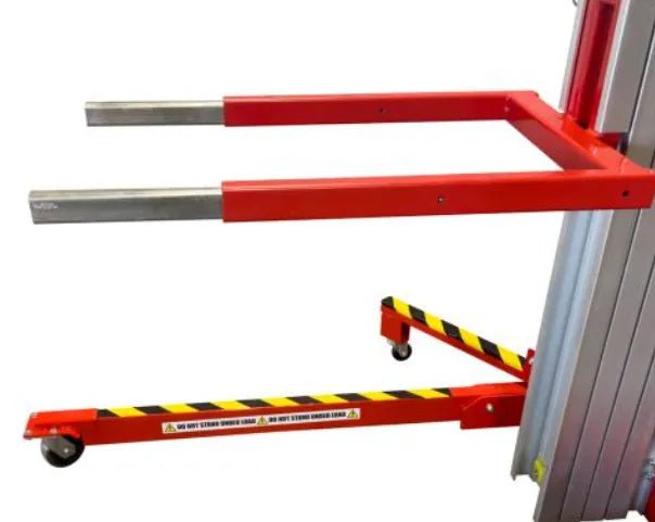 The Mathey Dearman B&B Mega Lifts Lift - 24 High (ML-24) features red forks with silver tips, a wheeled metal base, yellow and black caution stripes, safety labels, and supports up to 650 lbs.
