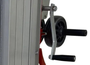 A close-up of the Mathey Dearman B&B Mega Lifts - ML-18 hand crank, with a black handle and wheel beside vertical silver panels, highlights this essential feature of the Lift 18 High (650 lbs Max Load) industrial lifting solution.