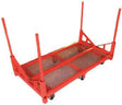 The Mathey Dearman B&B Stacker Cart 2015-6F features a red metal mesh base, six wheels, four upright corner posts, and open sides/top. With a 24 length and 36 capacity, its ideal for stacking pipes in welding or fabrication shops. Ground is not visible.