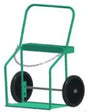 The Mathey Dearman B&B Medium Bottle Cart (BCM-C14R) has a green metal frame, handle, flat platform, and two 14 black rubber wheels for secure gas bottle transport—ideal for welding accessories; no wall chain included.