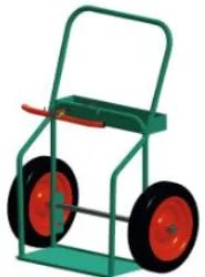 The Mathey Dearman B&B Medium No Wall Bar with 16 pneumatic wheels (BCM-B16P) is a green metal bottle cart with a flat base and vertical handlebar, perfect for transporting gas bottles and welding accessories.