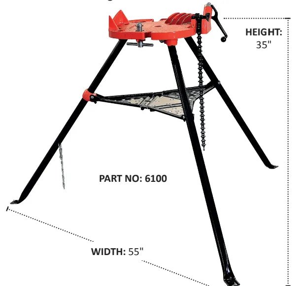 Mathey Dearman Tri Stand Chain Vice 6100, red/black, pipe welding stand with chain & tray, 35"x55", set of 12, WeldingMart.