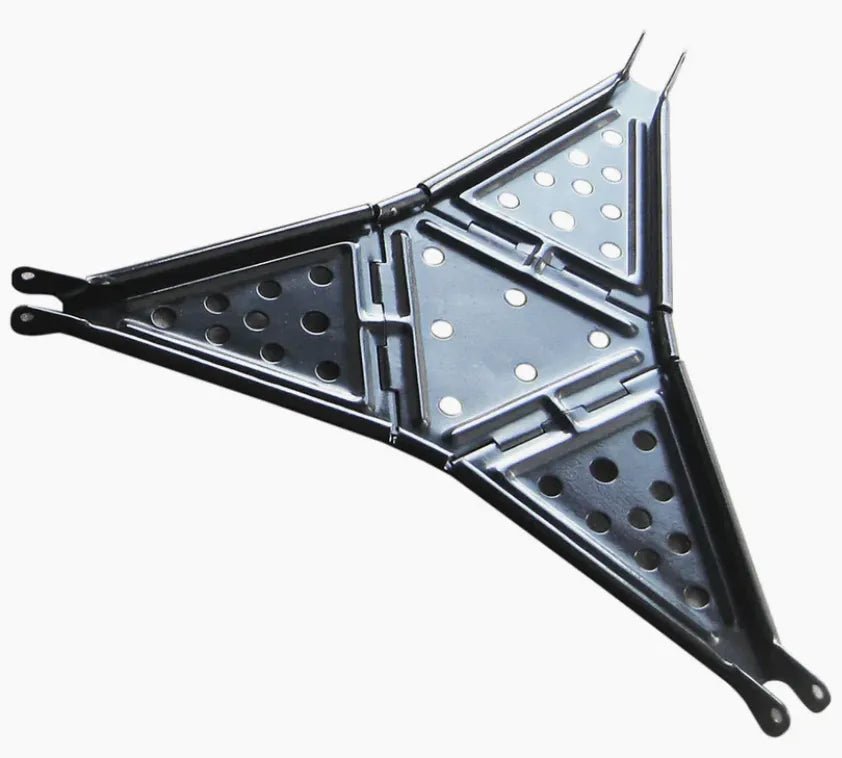 Mathey Dearman 61002 welding tool tray—triangular, black metal with foldable arms and vents; ideal pipe jack accessory.