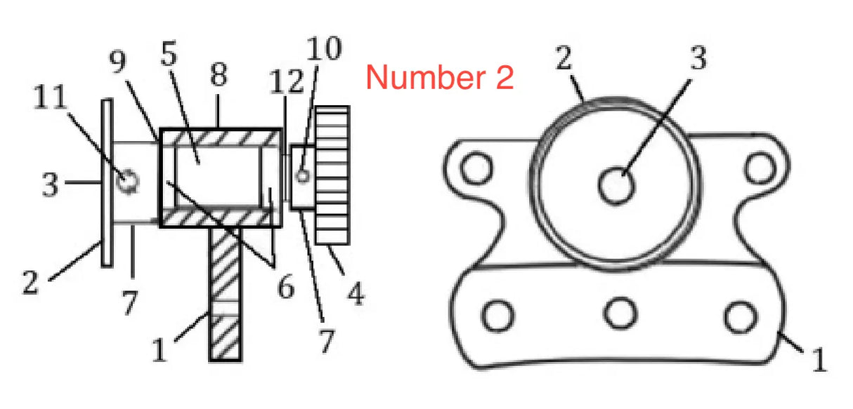 Technical diagram showing a mechanical component, such as a Mathey Dearman Sprocket, with numbered parts and a red-labeled “Number 2”; includes cross-sectional (left) and top views (right) for detailed power transmission analysis.