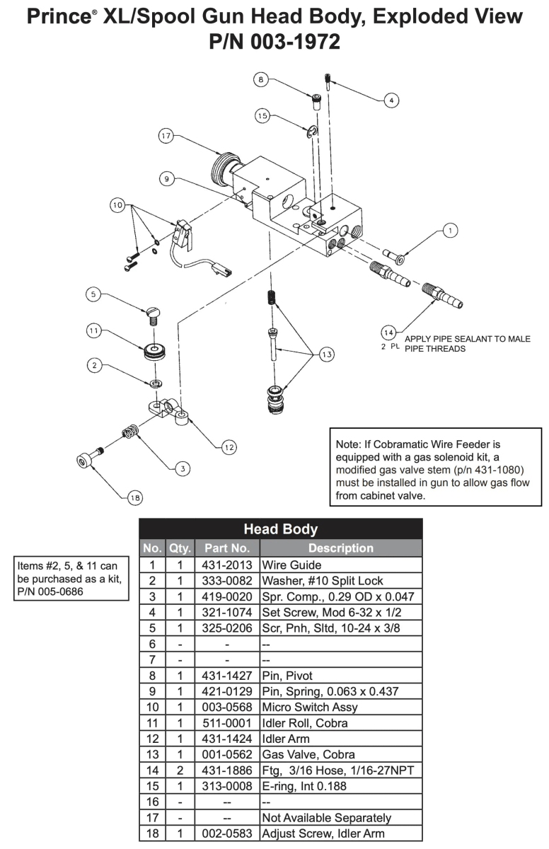 Exploded diagram of the Mk Products Assembly Body PXL - 003-1972, featuring numbered and labeled components, a parts table below, and assembly notes with installation instructions for industrial welding equipment on the right.