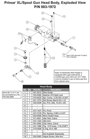 Exploded diagram of the MK Products Assembly Body Prince XL 1/8 Inch ID Hose (003-2290), showing parts layout, part numbers, descriptions, labeled assembly body hose, callouts, and a note on gas solenoid connection.