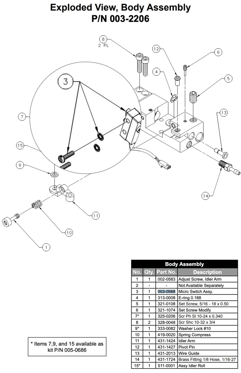 Exploded diagram of MK Products welding system body assembly with parts list, item numbers, and Prince Cobra Micro Switch Assembly.