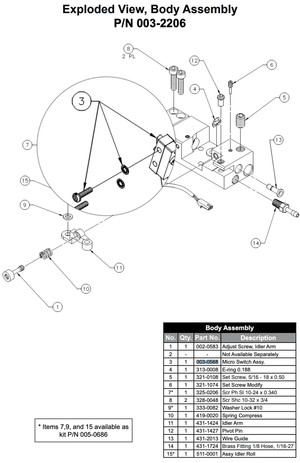 Exploded diagram of MK Products welding system body assembly with parts list, item numbers, and Prince Cobra Micro Switch Assembly.