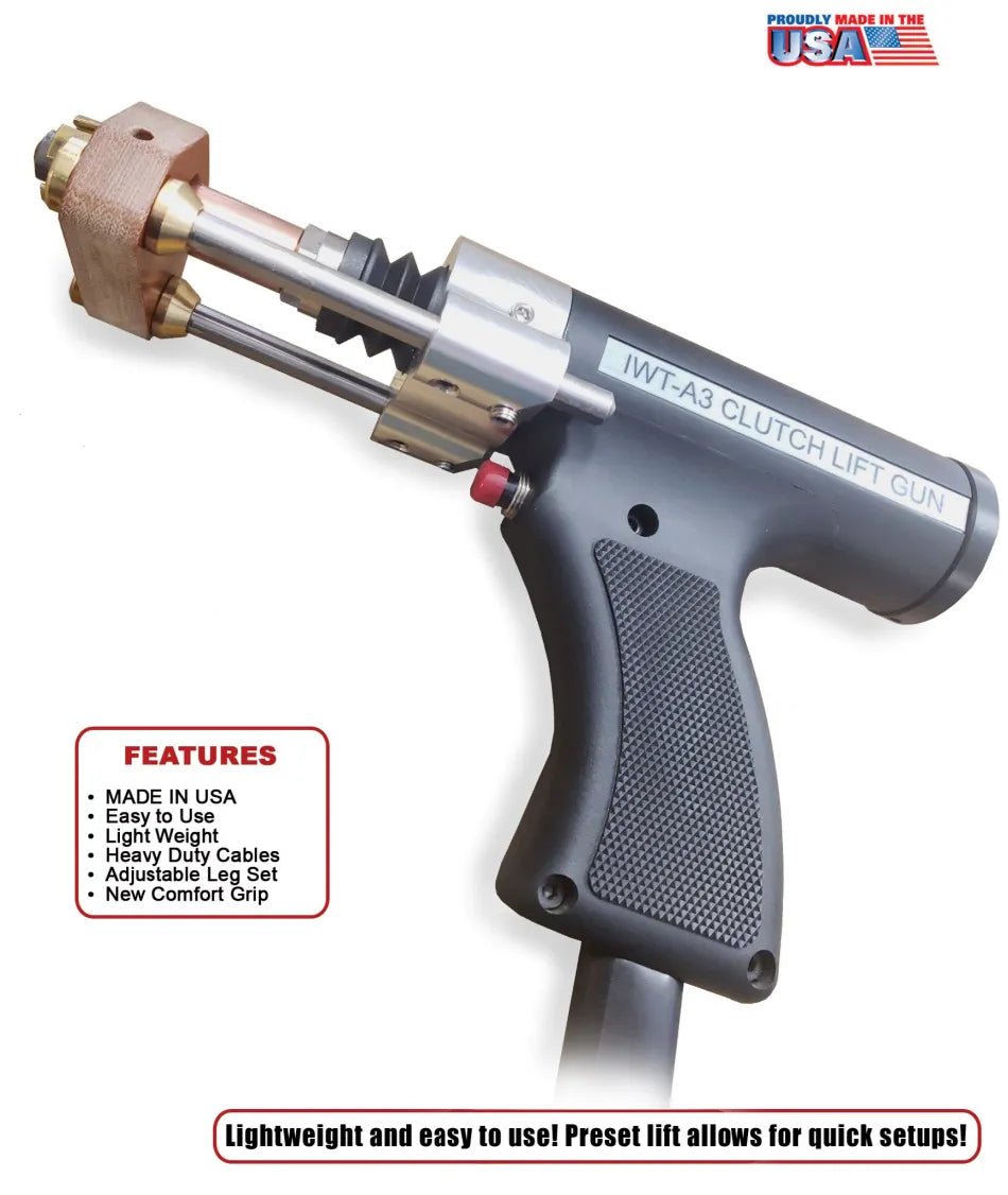 A black/silver IWT-A3 Clutch Lift Gun, 60VDC (1-EQ500009A3-60V) with comfort grip handle for drawn arc welding. Metal parts and cables are visible at the top. Features in a red box and a PROUDLY MADE IN THE USA flag logo are shown.